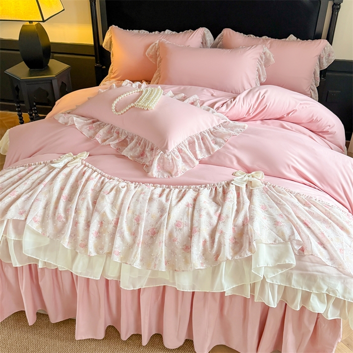 91家纺网 家纺一手货源 找家纺 富盛家纺 2026新款水洗亲肤棉雪纺蕾丝刺绣法式床裙韩版四件套 浪漫主义-豆沙