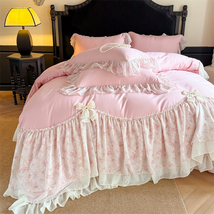 91家纺网 家纺一手货源 找家纺 富盛家纺 2026新款水洗亲肤棉雪纺蕾丝刺绣法式床裙韩版四件套 浪漫主义-豆沙