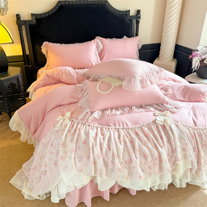 91家纺网 家纺一手货源 找家纺 富盛家纺 2026新款水洗亲肤棉雪纺蕾丝刺绣法式床裙韩版四件套 浪漫主义-豆沙