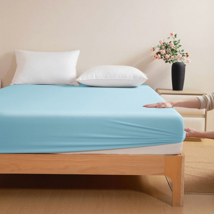 91家纺网 家纺一手货源 找家纺 宇淳国际 2026新款锦氨凉感冰丝床笠 海蓝