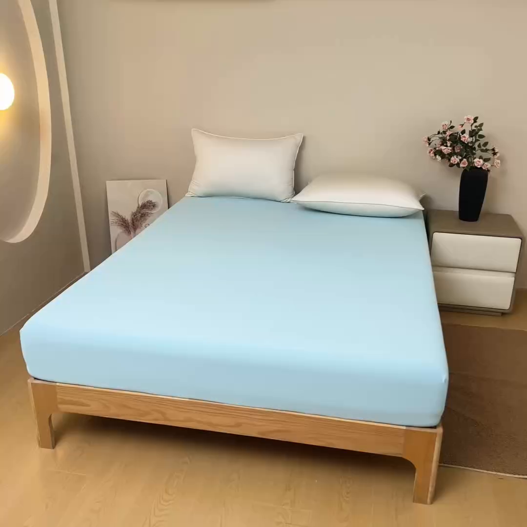 91家纺网 家纺一手货源 找家纺 宇淳国际 2026新款锦氨凉感冰丝床笠 海蓝