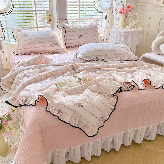 91家纺网 家纺一手货源 找家纺 韩约家纺 2026春夏新款皱皱纱床盖款夏被夏凉被空调被四件套 俏女孩