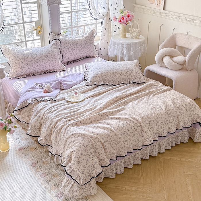 91家纺网 家纺一手货源 找家纺 韩约家纺 2026春夏新款皱皱纱床盖款夏被夏凉被空调被四件套 淡里香兰