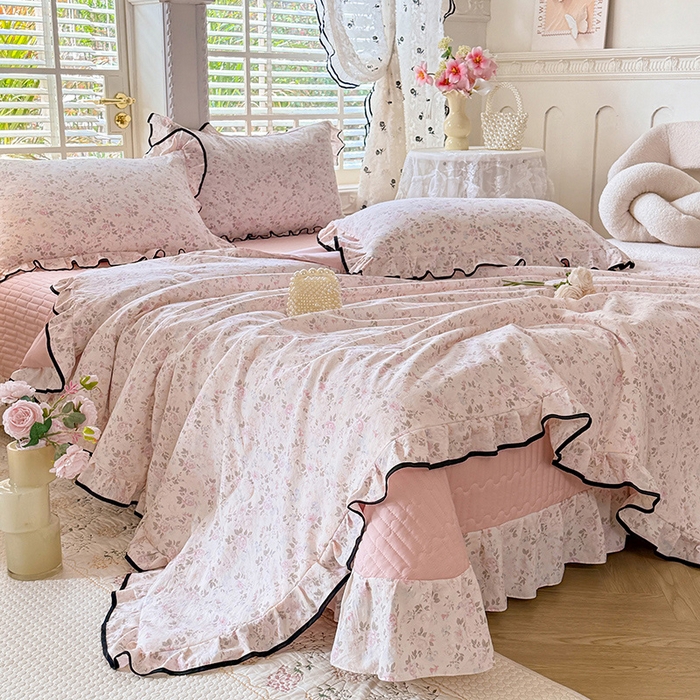 91家纺网 家纺一手货源 找家纺 韩约家纺 2026春夏新款皱皱纱床盖款夏被夏凉被空调被四件套 花影