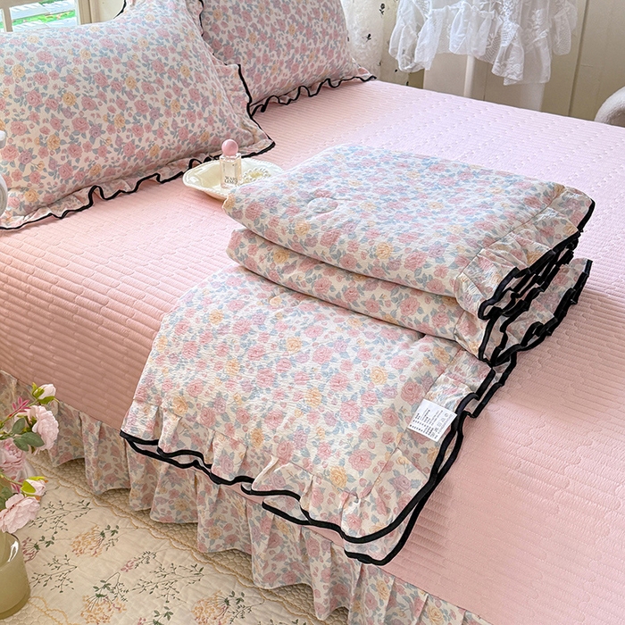 韩约家纺 2026春夏新款皱皱纱床盖款夏被夏凉被空调被四件套 轻幽花梦