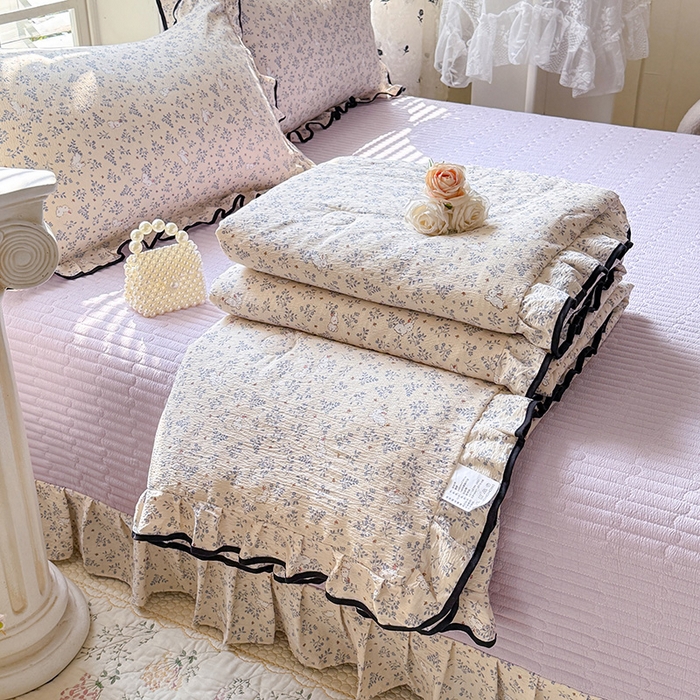 韩约家纺 2026春夏新款皱皱纱床盖款夏被夏凉被空调被四件套 淡里香兰