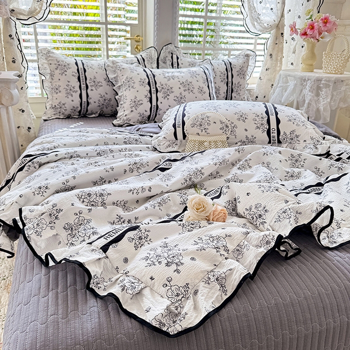 91家纺网 家纺一手货源 找家纺 韩约家纺 2026春夏新款皱皱纱床盖款夏被夏凉被空调被四件套 安娜花园