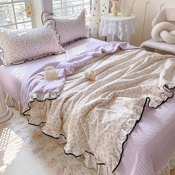 91家纺网 家纺一手货源 找家纺 韩约家纺 2026春夏新款皱皱纱床盖款夏被夏凉被空调被四件套 淡里香兰