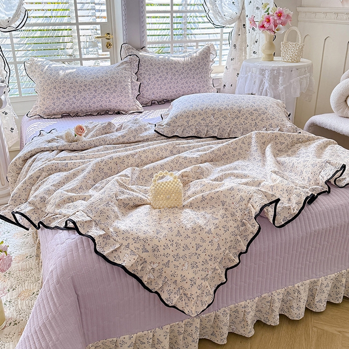 91家纺网 家纺一手货源 找家纺 韩约家纺 2026春夏新款皱皱纱床盖款夏被夏凉被空调被四件套 淡里香兰