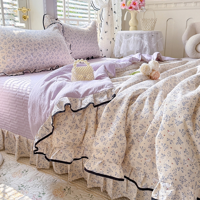 91家纺网 家纺一手货源 找家纺 韩约家纺 2026春夏新款皱皱纱床盖款夏被夏凉被空调被四件套 淡里香兰