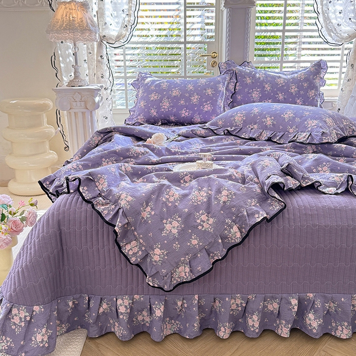 91家纺网 家纺一手货源 找家纺 韩约家纺 2026春夏新款皱皱纱床盖款夏被夏凉被空调被四件套 花开半夏