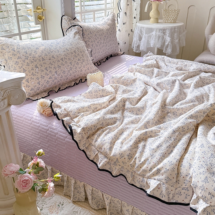 91家纺网 家纺一手货源 找家纺 韩约家纺 2026春夏新款皱皱纱床盖款夏被夏凉被空调被四件套 淡里香兰