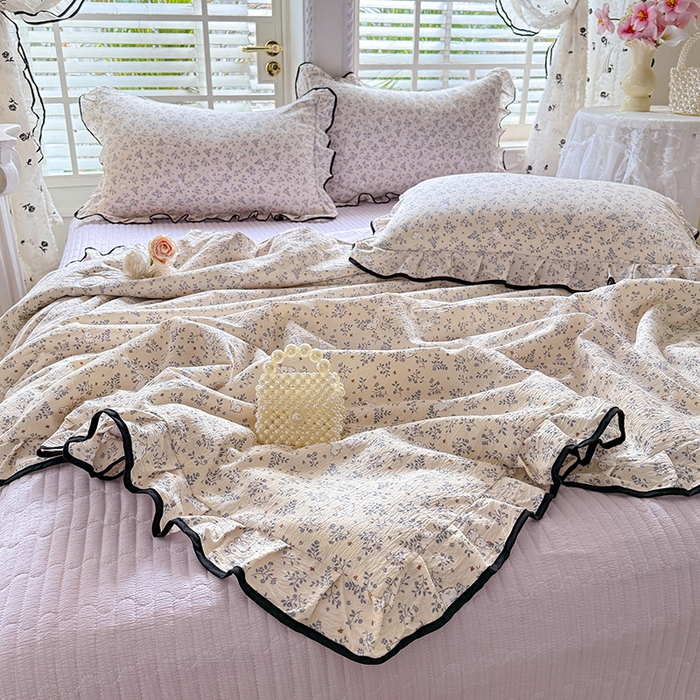 91家纺网 家纺一手货源 找家纺 韩约家纺 2026春夏新款皱皱纱床盖款夏被夏凉被空调被四件套 淡里香兰