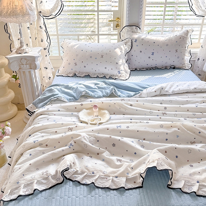 91家纺网 家纺一手货源 找家纺 韩约家纺 2026春夏新款皱皱纱床盖款夏被夏凉被空调被四件套 星辰