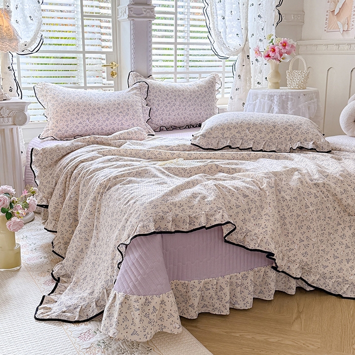 91家纺网 家纺一手货源 找家纺 韩约家纺 2026春夏新款皱皱纱床盖款夏被夏凉被空调被四件套 淡里香兰