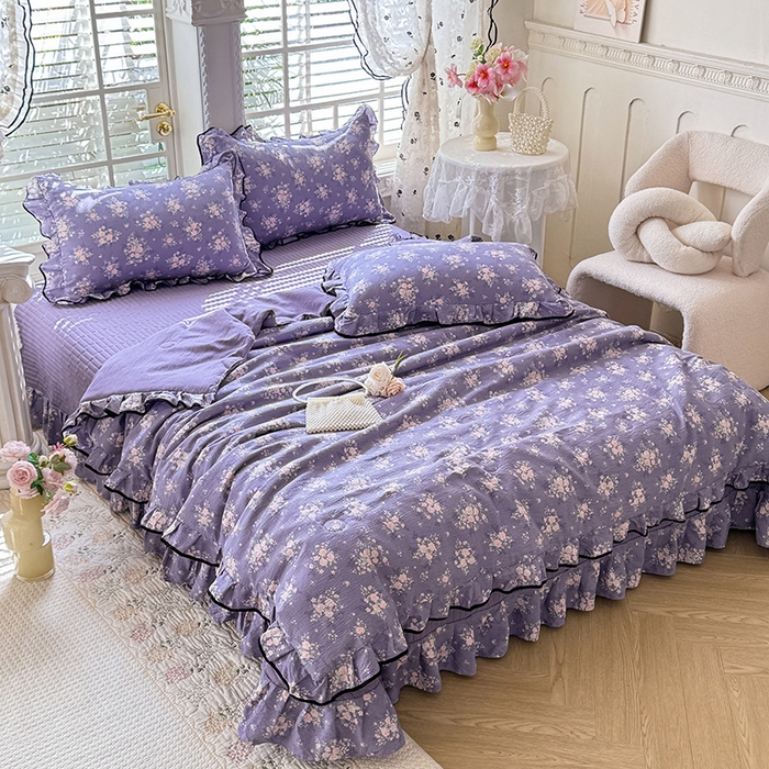 91家纺网 家纺一手货源 找家纺 韩约家纺 2026春夏新款皱皱纱床盖款夏被夏凉被空调被四件套 花开半夏