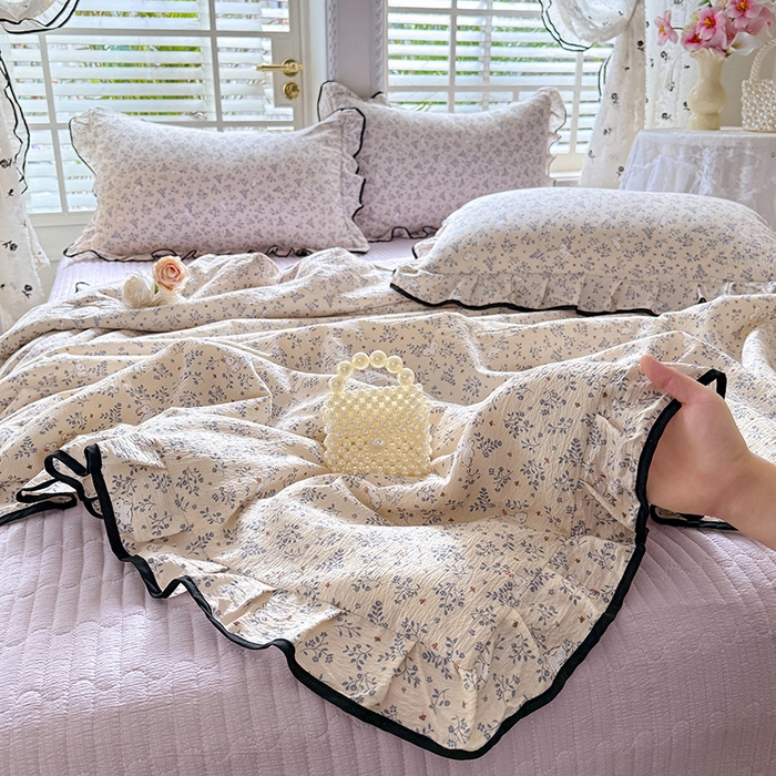 91家纺网 家纺一手货源 找家纺 韩约家纺 2026春夏新款皱皱纱床盖款夏被夏凉被空调被四件套 淡里香兰