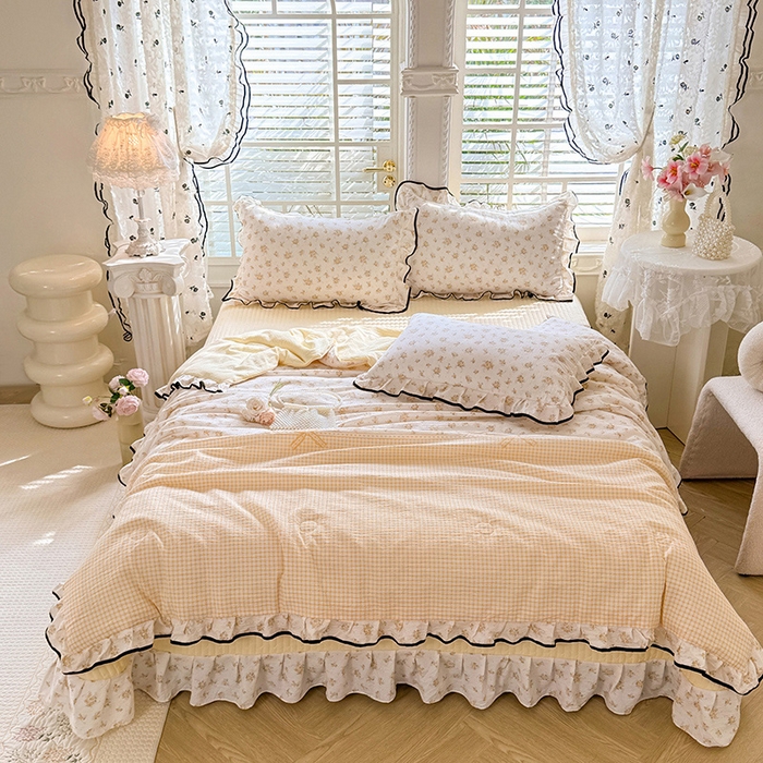 91家纺网 家纺一手货源 找家纺 韩约家纺 2026春夏新款皱皱纱床盖款夏被夏凉被空调被四件套 佳期如梦