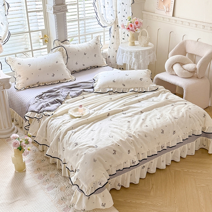 91家纺网 家纺一手货源 找家纺 韩约家纺 2026春夏新款皱皱纱床盖款夏被夏凉被空调被四件套 梦蝶