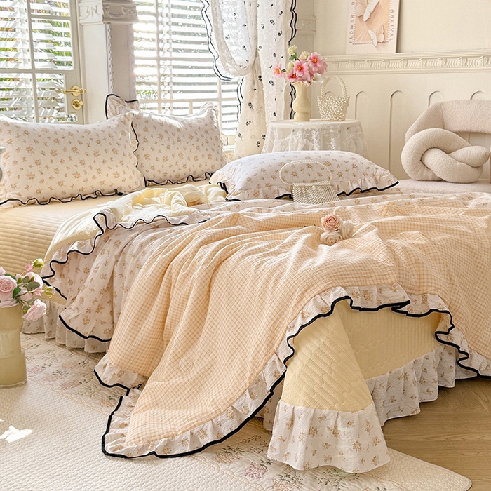 91家纺网 家纺一手货源 找家纺 韩约家纺 2026春夏新款皱皱纱床盖款夏被夏凉被空调被四件套 佳期如梦