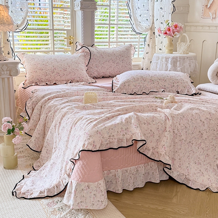 91家纺网 家纺一手货源 找家纺 韩约家纺 2026春夏新款皱皱纱床盖款夏被夏凉被空调被四件套 花影