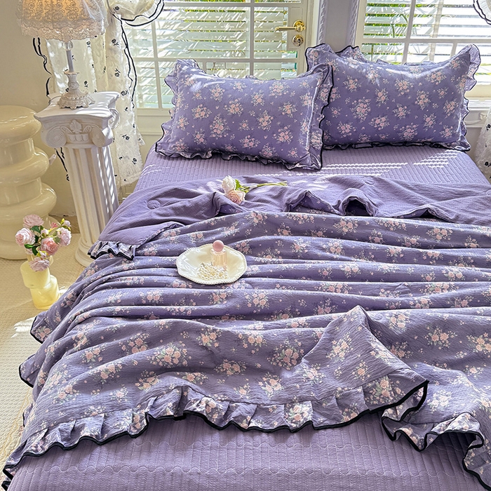 91家纺网 家纺一手货源 找家纺 韩约家纺 2026春夏新款皱皱纱床盖款夏被夏凉被空调被四件套 花开半夏