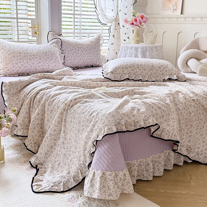 91家纺网 家纺一手货源 找家纺 韩约家纺 2026春夏新款皱皱纱床盖款夏被夏凉被空调被四件套 淡里香兰