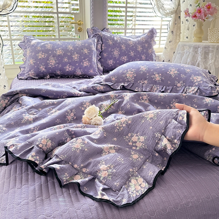 91家纺网 家纺一手货源 找家纺 韩约家纺 2026春夏新款皱皱纱床盖款夏被夏凉被空调被四件套 花开半夏