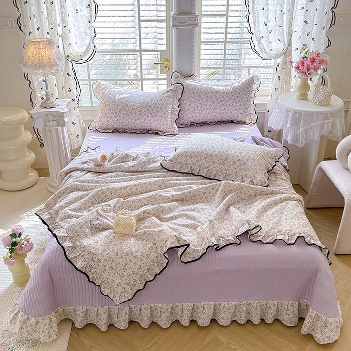 91家纺网 家纺一手货源 找家纺 韩约家纺 2026春夏新款皱皱纱床盖款夏被夏凉被空调被四件套 淡里香兰