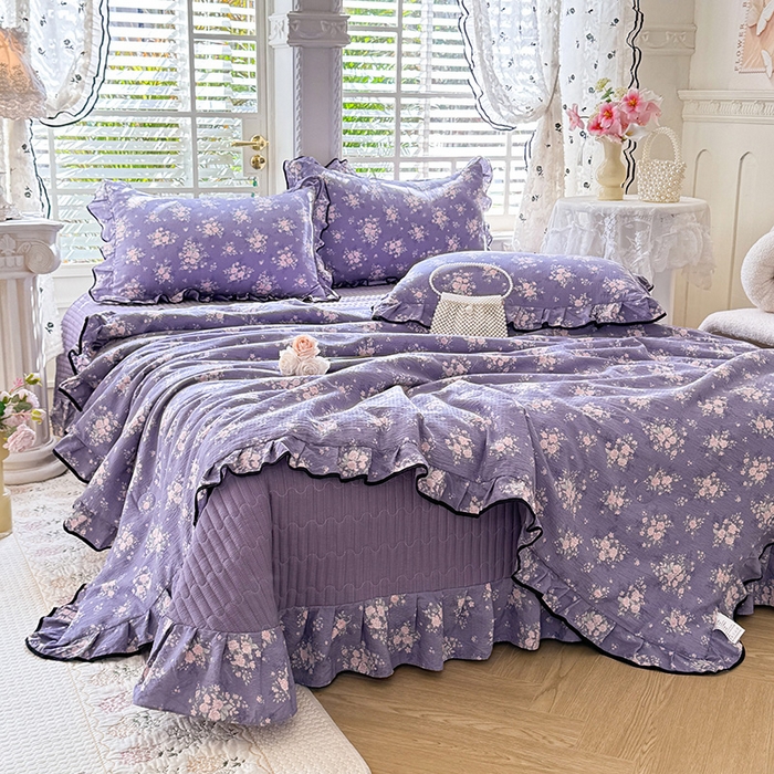 91家纺网 家纺一手货源 找家纺 韩约家纺 2026春夏新款皱皱纱床盖款夏被夏凉被空调被四件套 花开半夏