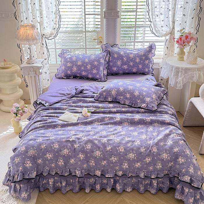 91家纺网 家纺一手货源 找家纺 韩约家纺 2026春夏新款皱皱纱床盖款夏被夏凉被空调被四件套 花开半夏