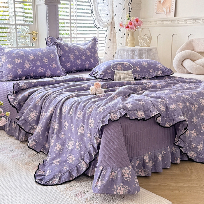 91家纺网 家纺一手货源 找家纺 韩约家纺 2026春夏新款皱皱纱床盖款夏被夏凉被空调被四件套 花开半夏