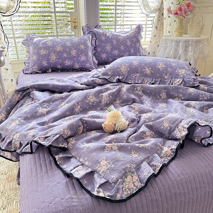 91家纺网 家纺一手货源 找家纺 韩约家纺 2026春夏新款皱皱纱床盖款夏被夏凉被空调被四件套 花开半夏