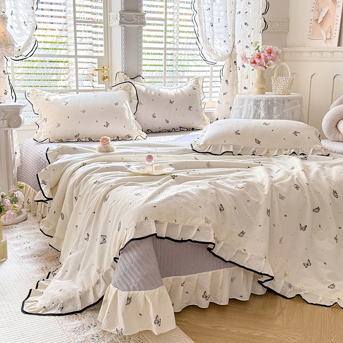 91家纺网 家纺一手货源 找家纺 韩约家纺 2026春夏新款皱皱纱床盖款夏被夏凉被空调被四件套 梦蝶