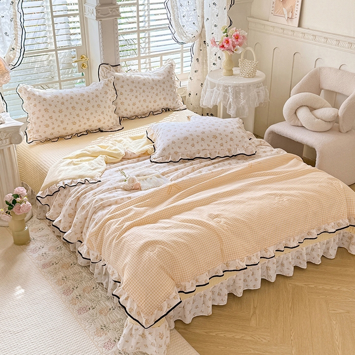 91家纺网 家纺一手货源 找家纺 韩约家纺 2026春夏新款皱皱纱床盖款夏被夏凉被空调被四件套 佳期如梦