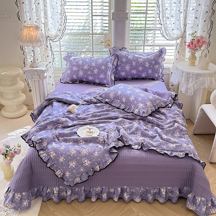 91家纺网 家纺一手货源 找家纺 韩约家纺 2026春夏新款皱皱纱床盖款夏被夏凉被空调被四件套 花开半夏