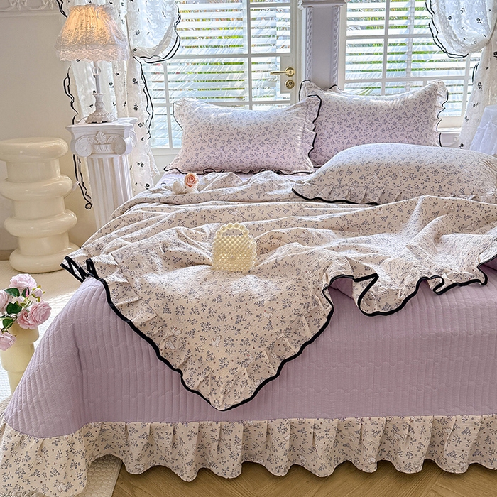 91家纺网 家纺一手货源 找家纺 韩约家纺 2026春夏新款皱皱纱床盖款夏被夏凉被空调被四件套 淡里香兰