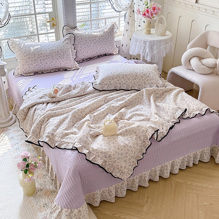 91家纺网 家纺一手货源 找家纺 韩约家纺 2026春夏新款皱皱纱床盖款夏被夏凉被空调被四件套 淡里香兰