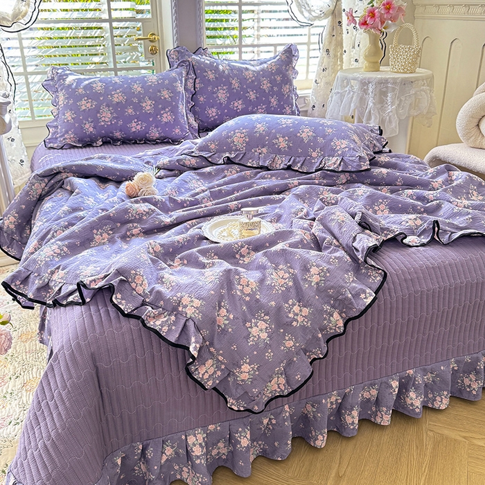 91家纺网 家纺一手货源 找家纺 韩约家纺 2026春夏新款皱皱纱床盖款夏被夏凉被空调被四件套 花开半夏