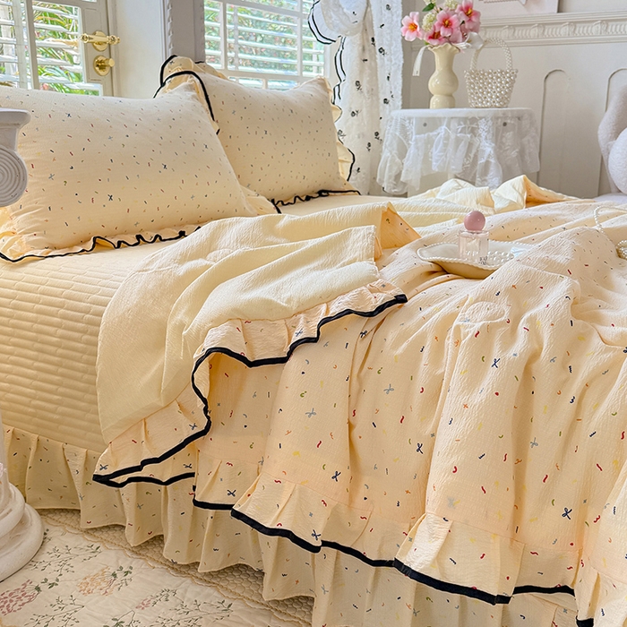 91家纺网 家纺一手货源 找家纺 韩约家纺 2026春夏新款皱皱纱床盖款夏被夏凉被空调被四件套 蜡笔画