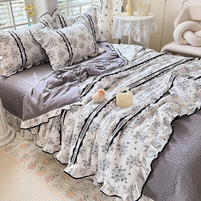 91家纺网 家纺一手货源 找家纺 韩约家纺 2026春夏新款皱皱纱床盖款夏被夏凉被空调被四件套 安娜花园