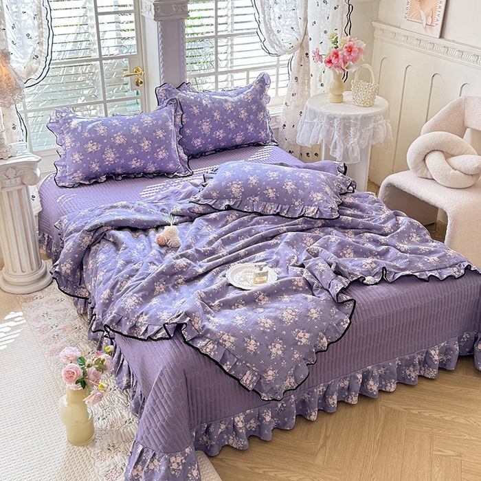 91家纺网 家纺一手货源 找家纺 韩约家纺 2026春夏新款皱皱纱床盖款夏被夏凉被空调被四件套 花开半夏