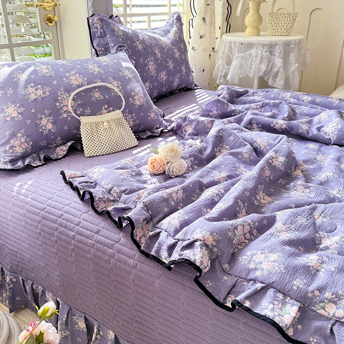 91家纺网 家纺一手货源 找家纺 韩约家纺 2026春夏新款皱皱纱床盖款夏被夏凉被空调被四件套 花开半夏