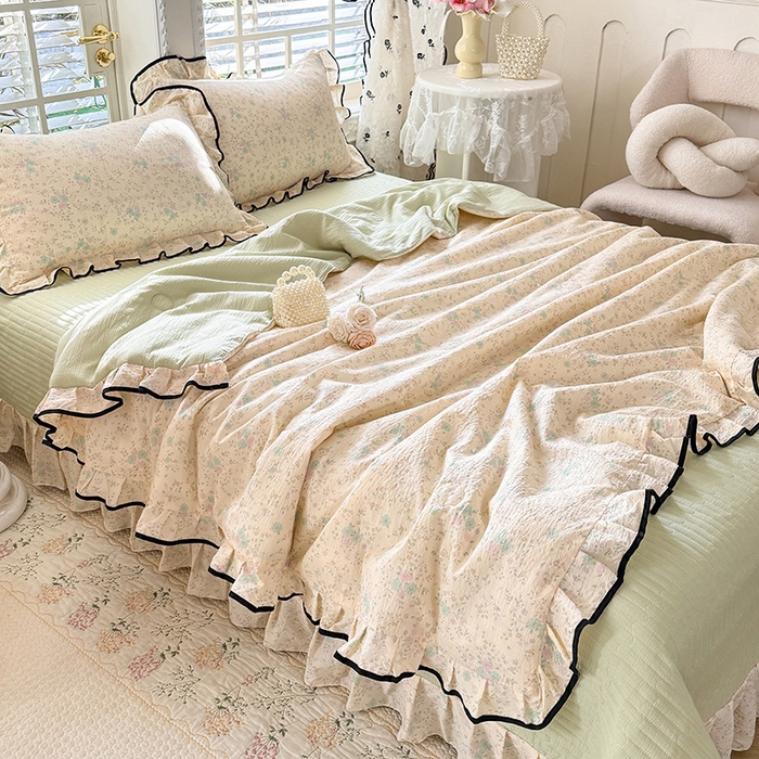 91家纺网 家纺一手货源 找家纺 韩约家纺 2026春夏新款皱皱纱床盖款夏被夏凉被空调被四件套 蔷薇花开