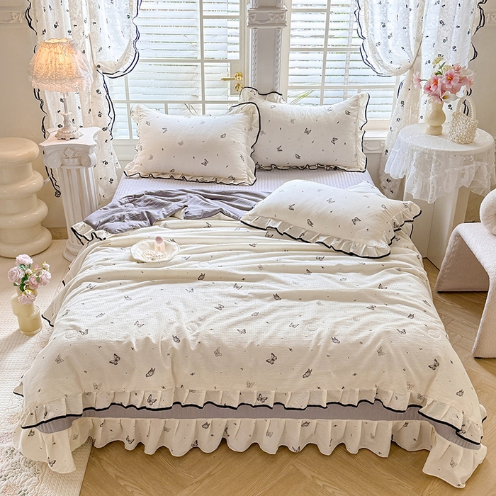 91家纺网 家纺一手货源 找家纺 韩约家纺 2026春夏新款皱皱纱床盖款夏被夏凉被空调被四件套 梦蝶