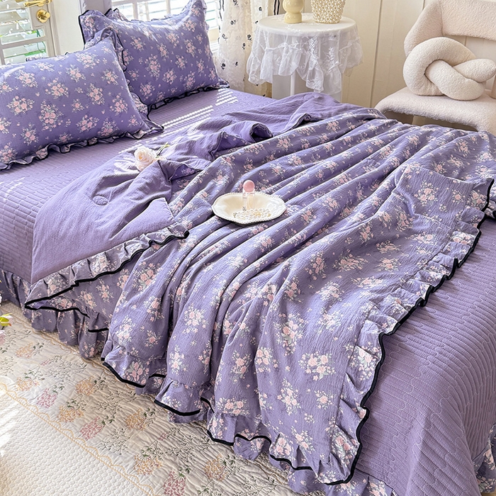 91家纺网 家纺一手货源 找家纺 韩约家纺 2026春夏新款皱皱纱床盖款夏被夏凉被空调被四件套 花开半夏