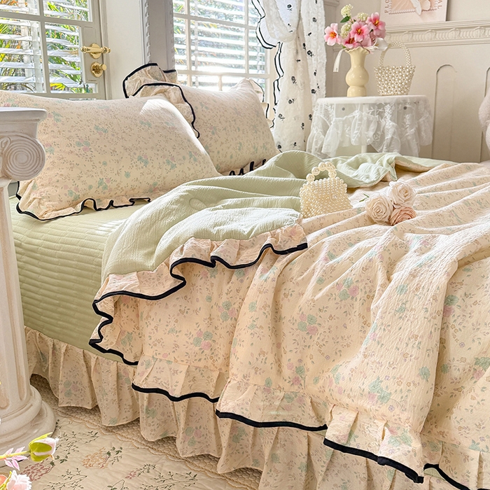 91家纺网 家纺一手货源 找家纺 韩约家纺 2026春夏新款皱皱纱床盖款夏被夏凉被空调被四件套 蔷薇花开