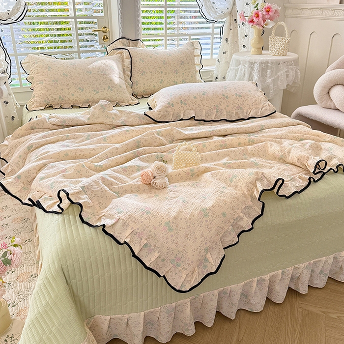 91家纺网 家纺一手货源 找家纺 韩约家纺 2026春夏新款皱皱纱床盖款夏被夏凉被空调被四件套 蔷薇花开