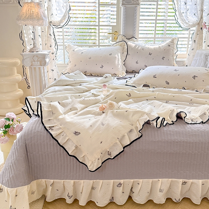 91家纺网 家纺一手货源 找家纺 韩约家纺 2026春夏新款皱皱纱床盖款夏被夏凉被空调被四件套 梦蝶