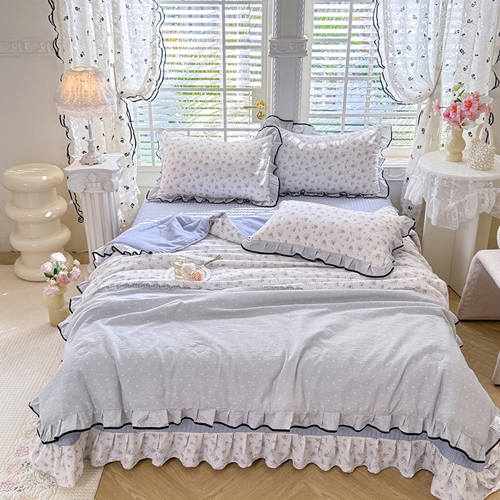 91家纺网 家纺一手货源 找家纺 韩约家纺 2026春夏新款皱皱纱床盖款夏被夏凉被空调被四件套 清清文絮